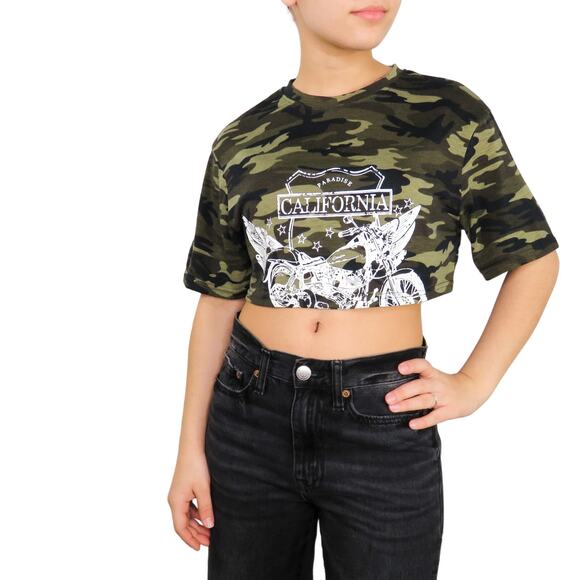 Shein Bikercore Camo Motorcycle Cropped Graphic Tee Crop Top XS - Picture 3 of 11